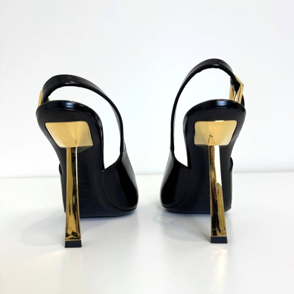Saint Laurent Black Lee Slingback Pumps Gold Heel 38 NEW YSL Buckle Point Shoes - Picture 5 of 9